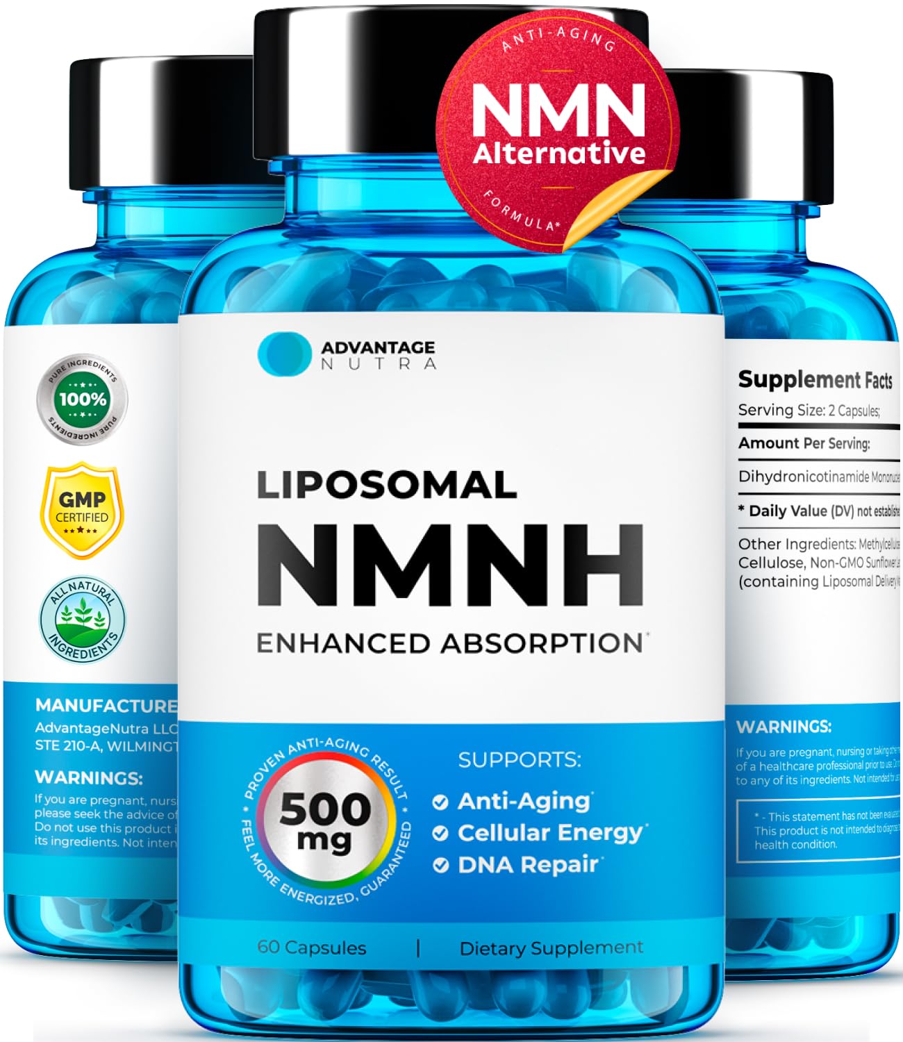 AdvantageNutra frente del empaque liposomal NMNH mostrando presentación clara
