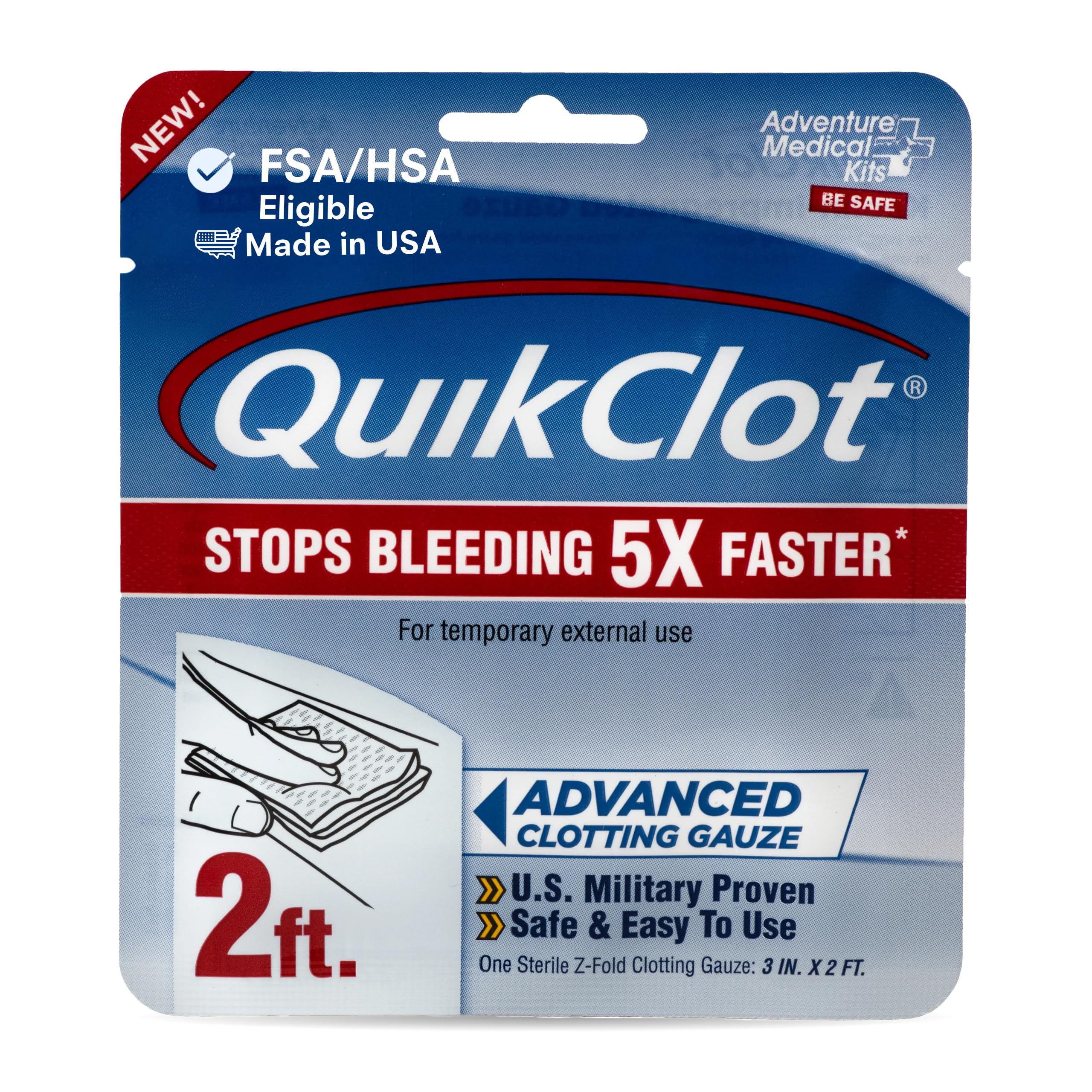 Adventure Medical Kits gasa QuikClot frontal mostrando el empaque y portabilidad