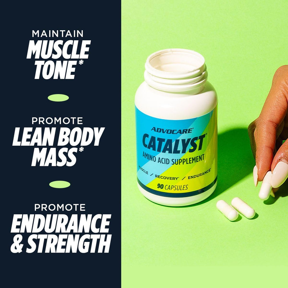 Etiqueta de AdvoCare Catalyst con lista de aminoácidos y beneficios visibles