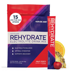 AdvoCare envase frontal con sobres Fruit Punch, fácil identificación y transporte