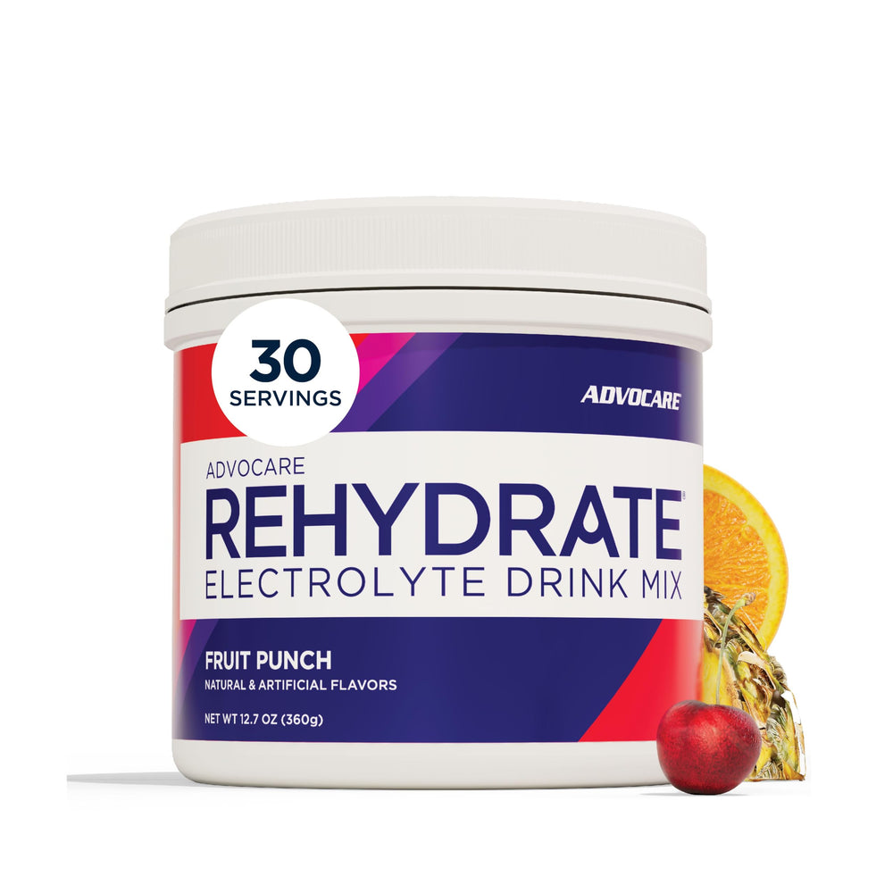 AdvoCare envase frontal Fruit Punch mostrando etiqueta y tamaño para fácil identificación y confianza