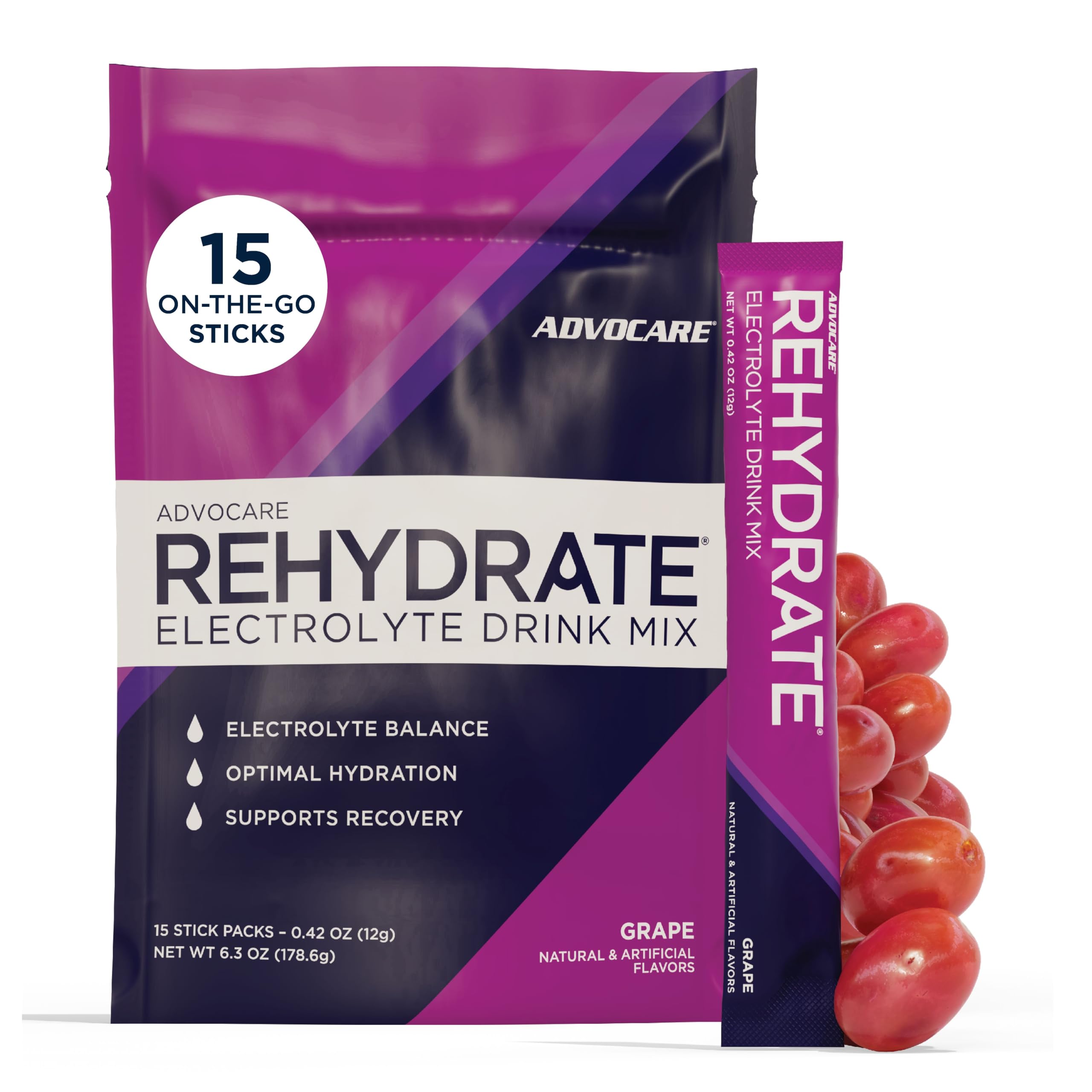 AdvoCare frasco frontal del producto uva mostrando la caja y sticks listos para usar