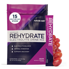 AdvoCare frasco frontal del producto uva mostrando la caja y sticks listos para usar