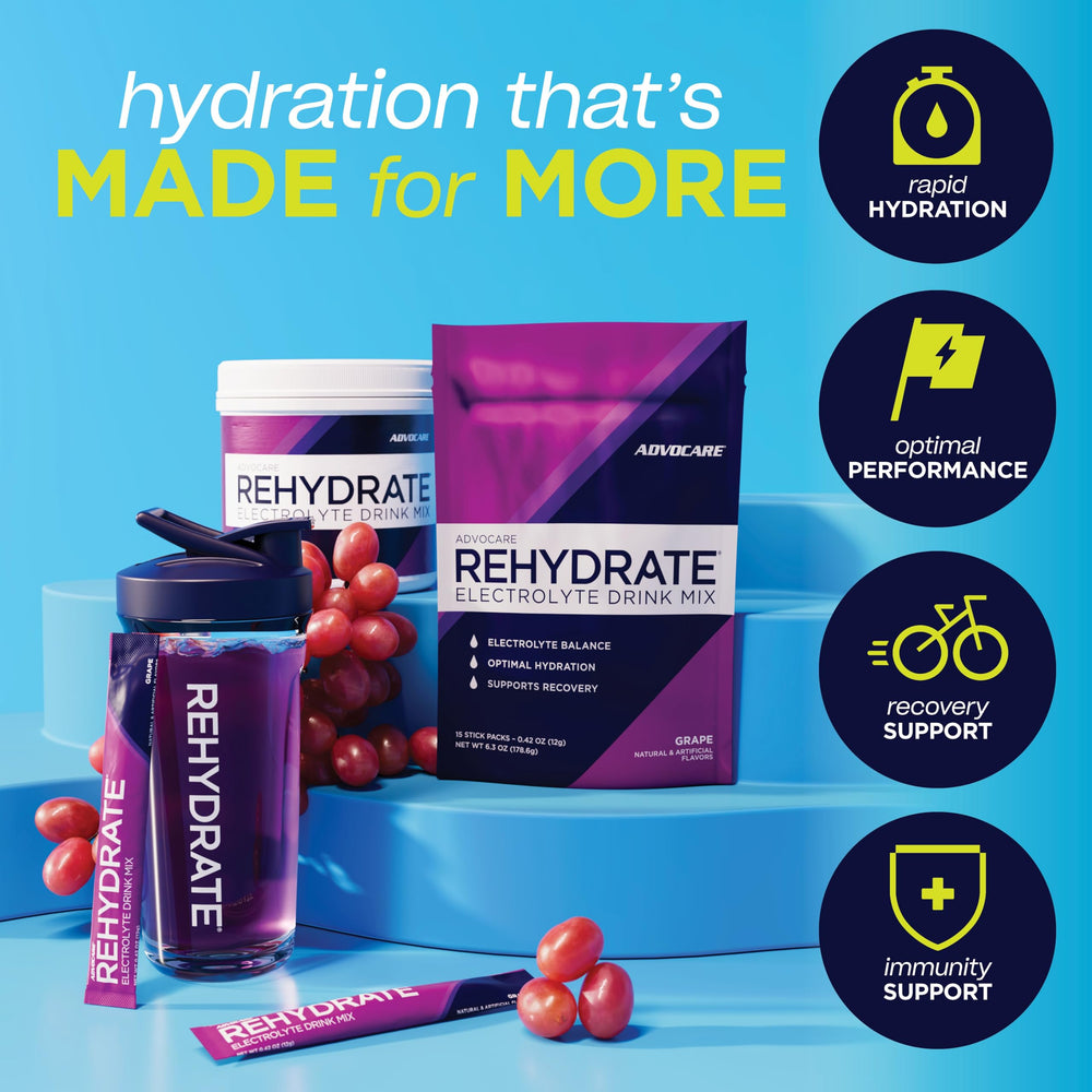 AdvoCare vaso con bebida de uva mezclada mostrando solución clara y lista para beber