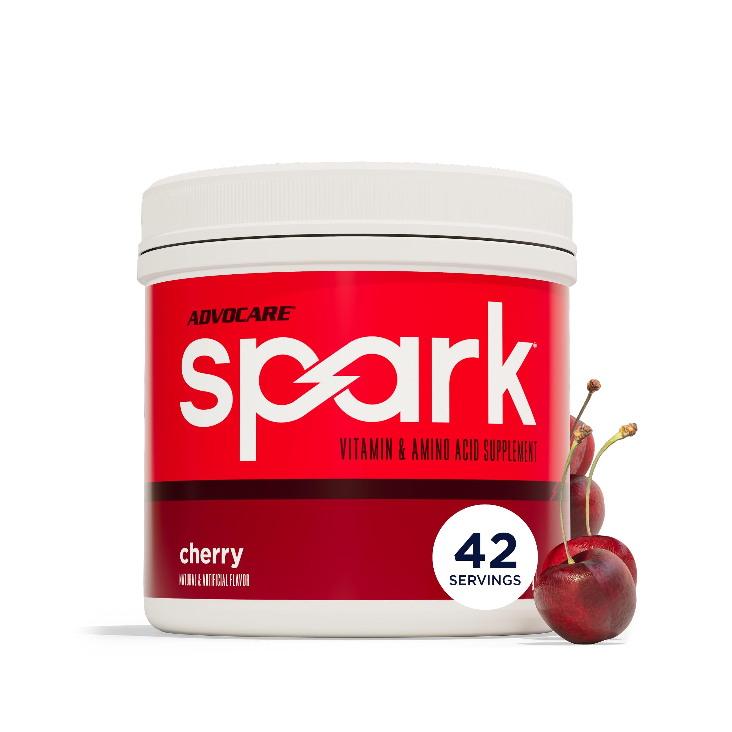 Envase frontal AdvoCare Spark sabor cereza mostrando diseño y volumen práctico