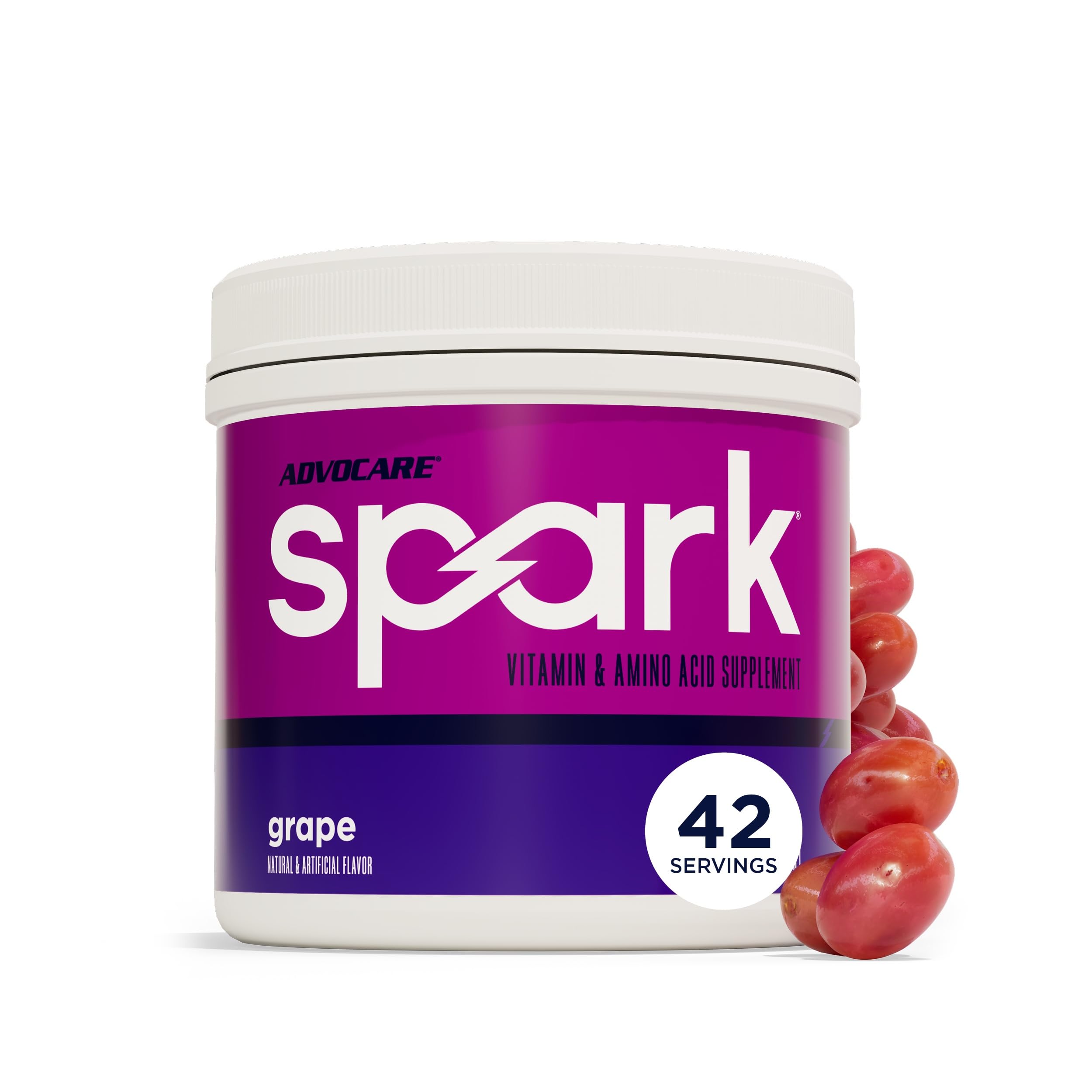 AdvoCare envase frontal mostrando diseño y sabor uva, clara identificación del producto