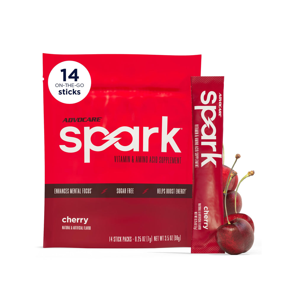 AdvoCare spark frente del empaque muestra 14 sobres y beneficios