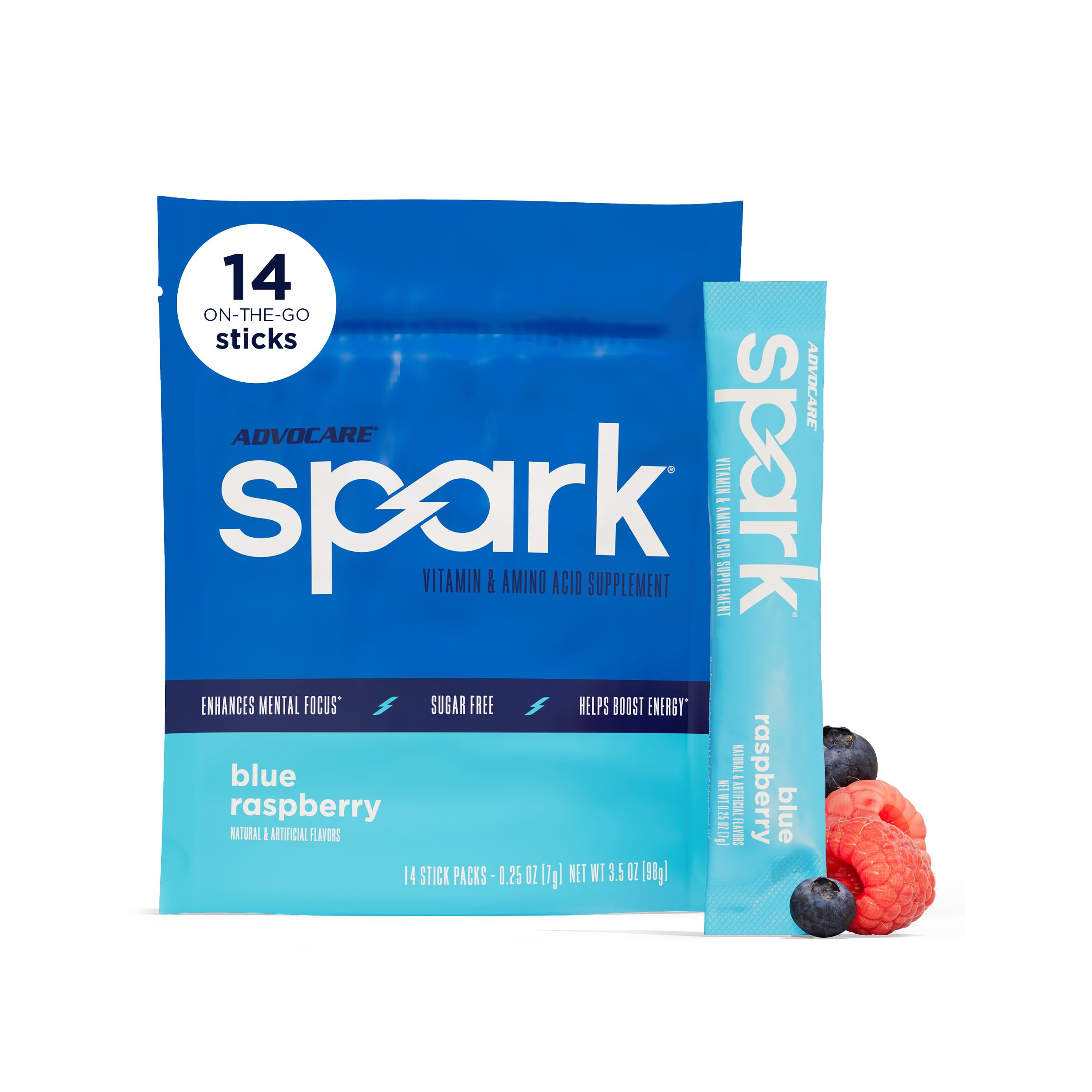 AdvoCare caja frente azul raspberry mostrando 14 sticks, conveniente y portátil
