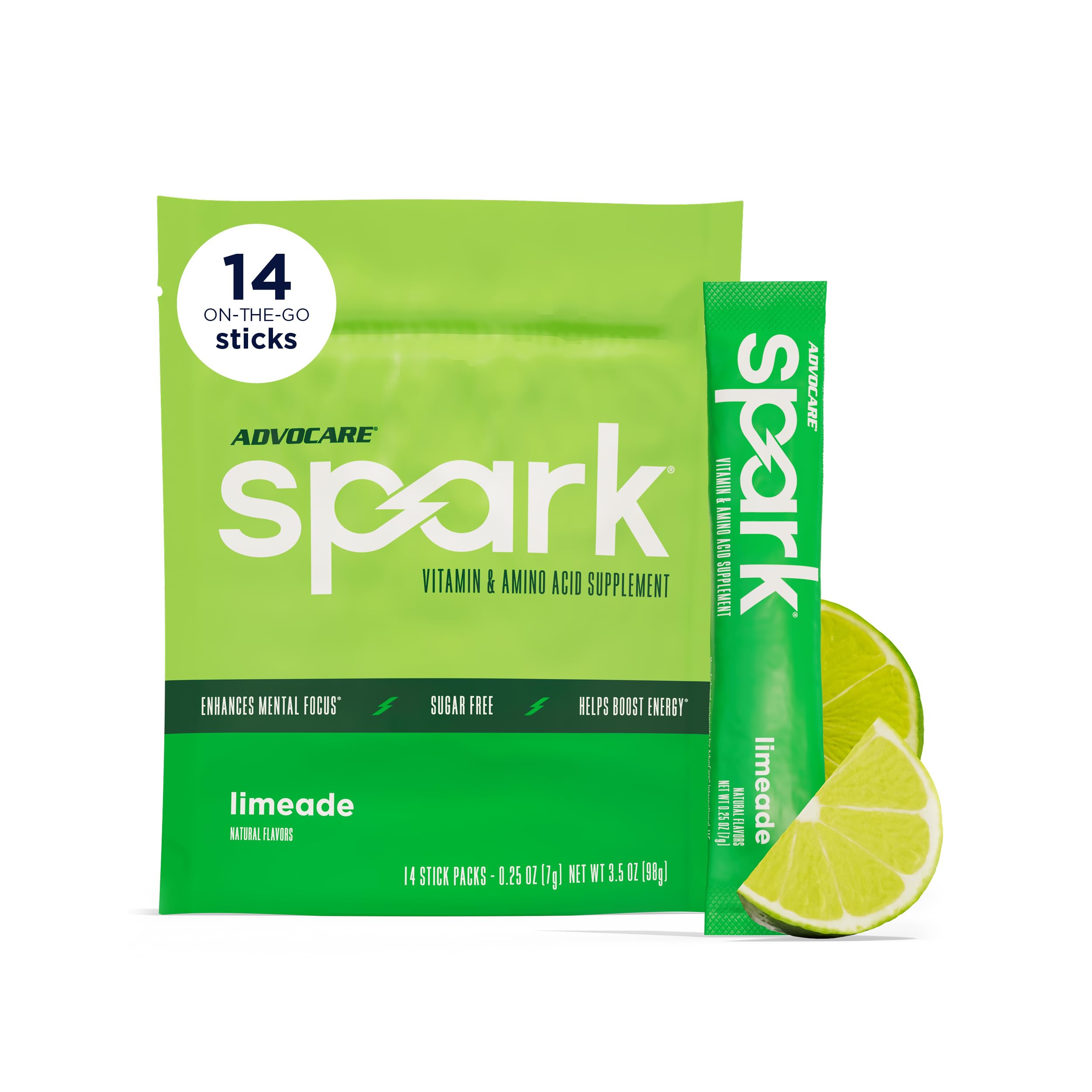 AdvoCare empaque frontal limeade muestra sticks portátiles y beneficios