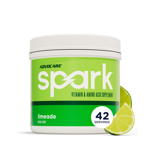 AdvoCare Spark frente del tubo mostrando tamaño y sabor limeade para energía rápida