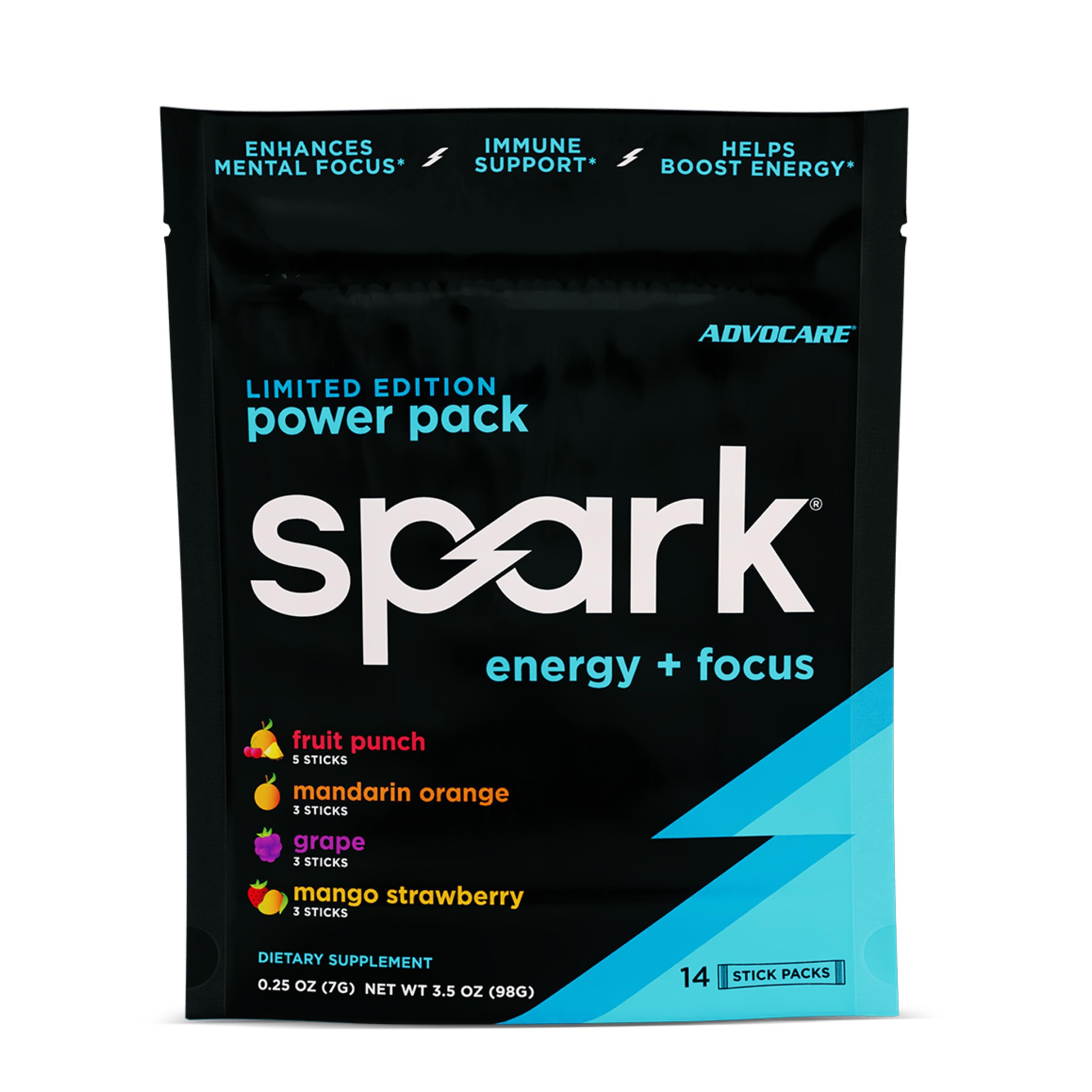AdvoCare paquete frontal con 14 sticks mostrando conveniencia y variedad