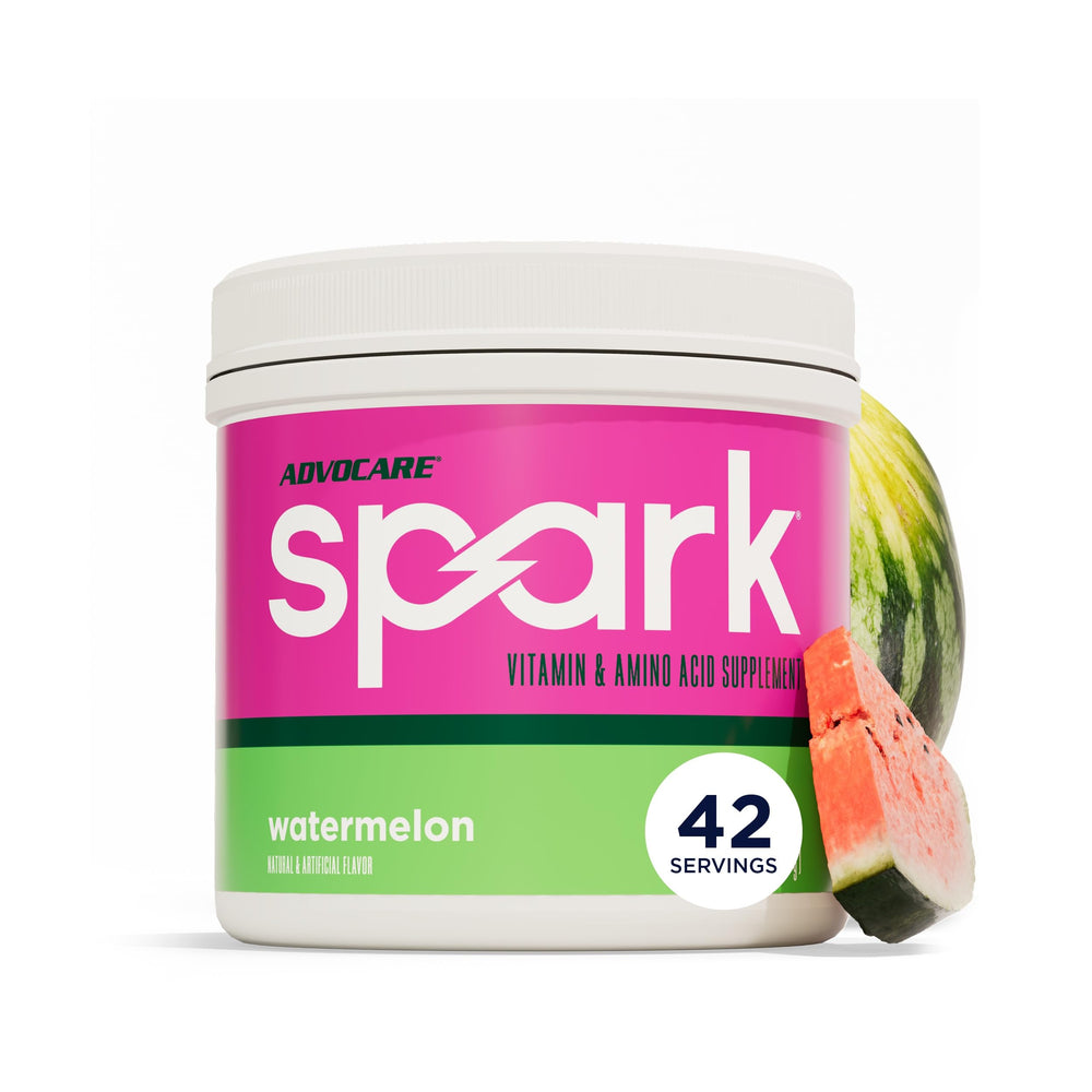 AdvoCare Spark vista frontal con envase y sabor sandía, atractivo y portable