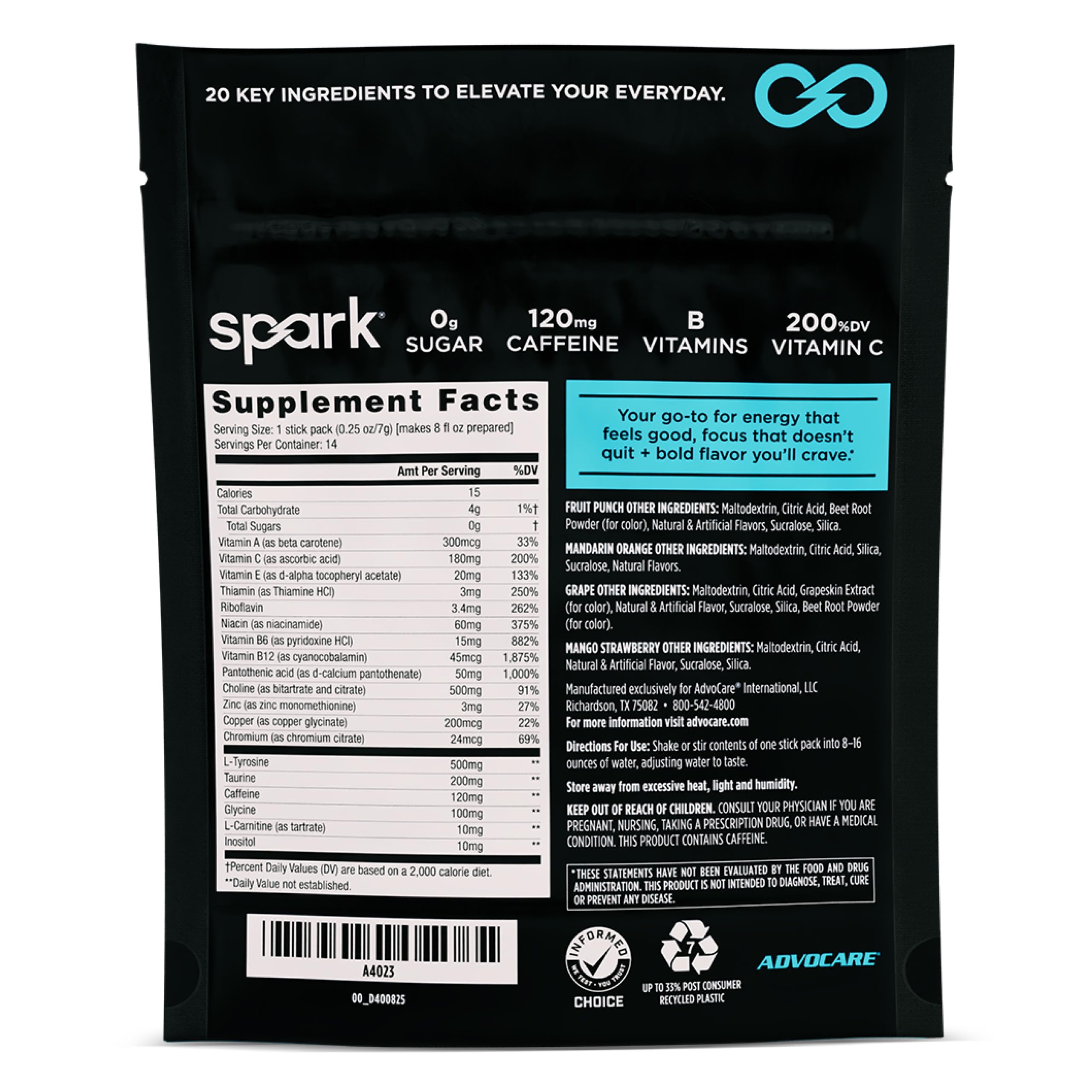 AdvoCare stick abierto textura del polvo destacando disolución rápida