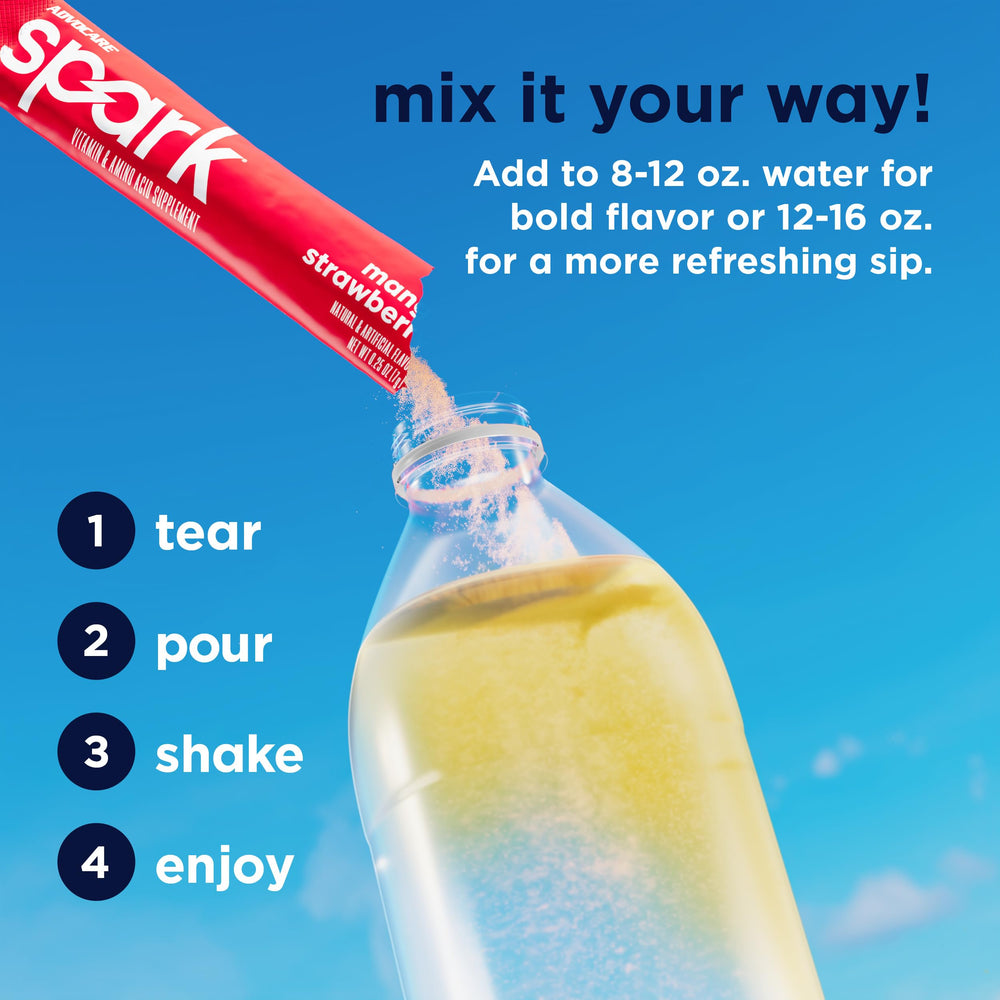 AdvoCare vaso con bebida mango fresa que refresca y energiza al instante
