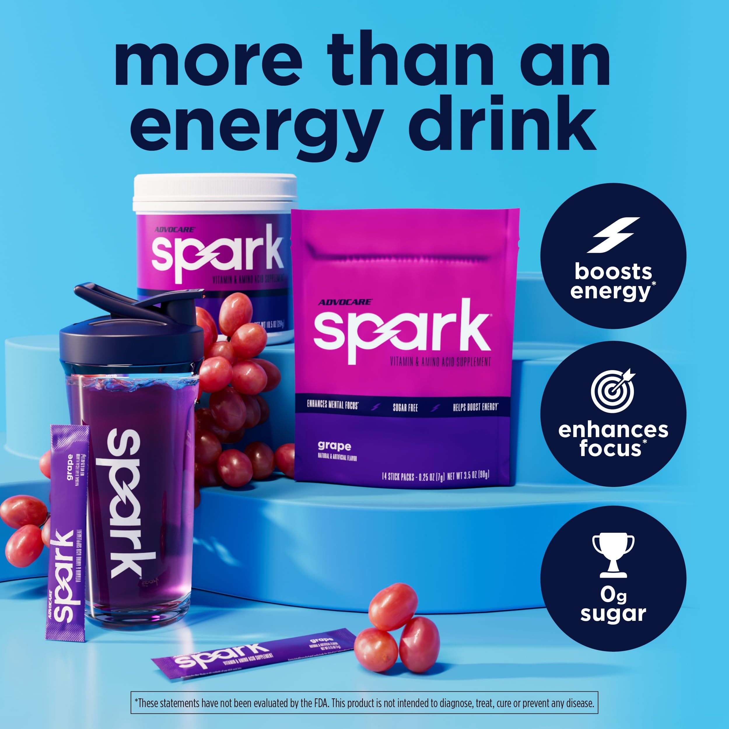 AdvoCare vaso con bebida uva preparada, beneficios energía y enfoque al instante