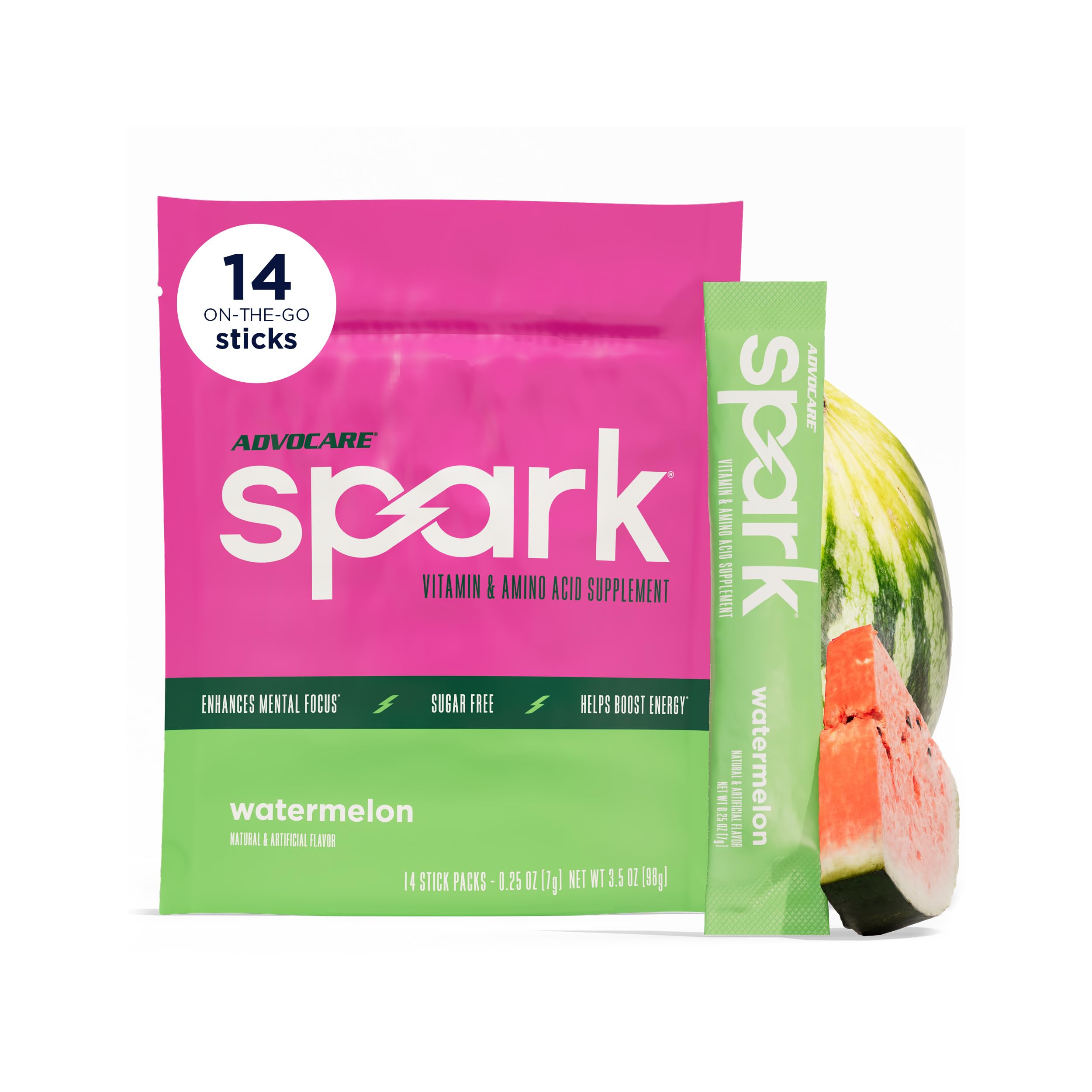 AdvoCare caja frontal con 14 sticks, facilita llevar energía limpia