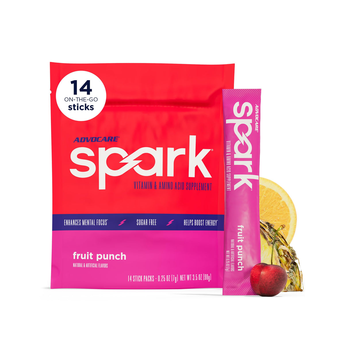 AdvoCare embalaje frontal con 14 sobres mostrando beneficio portable