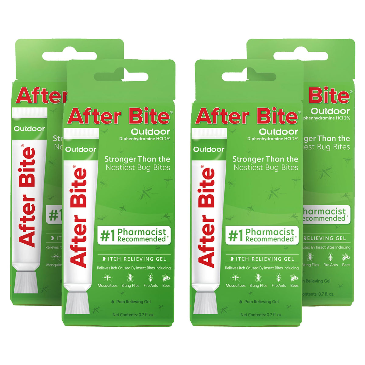 After Bite frente pack de 4 mostrando envases portátiles y conveniencia