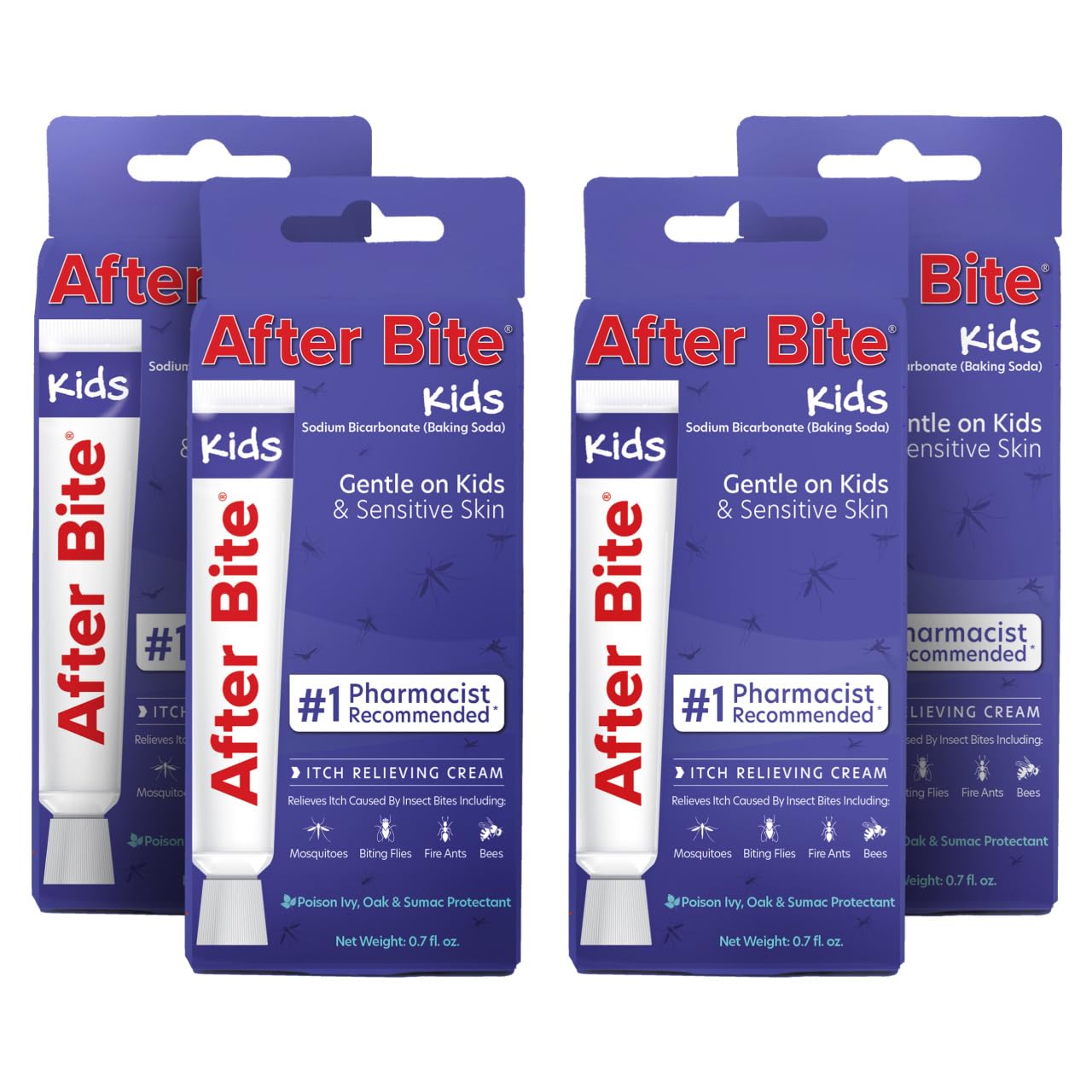 After Bite Kids frente del pack mostrando cuatro tubos para alivio rápido