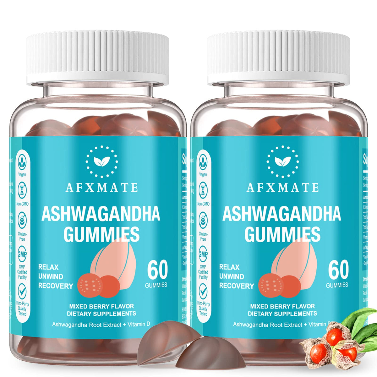 AFXMATE envase frontal mostrando 120 gomitas y conveniencia diaria