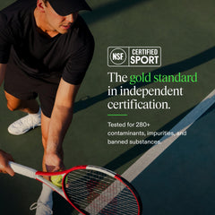Documento de certificación NSF junto al envase AG1, AG1 garantiza pruebas de calidad