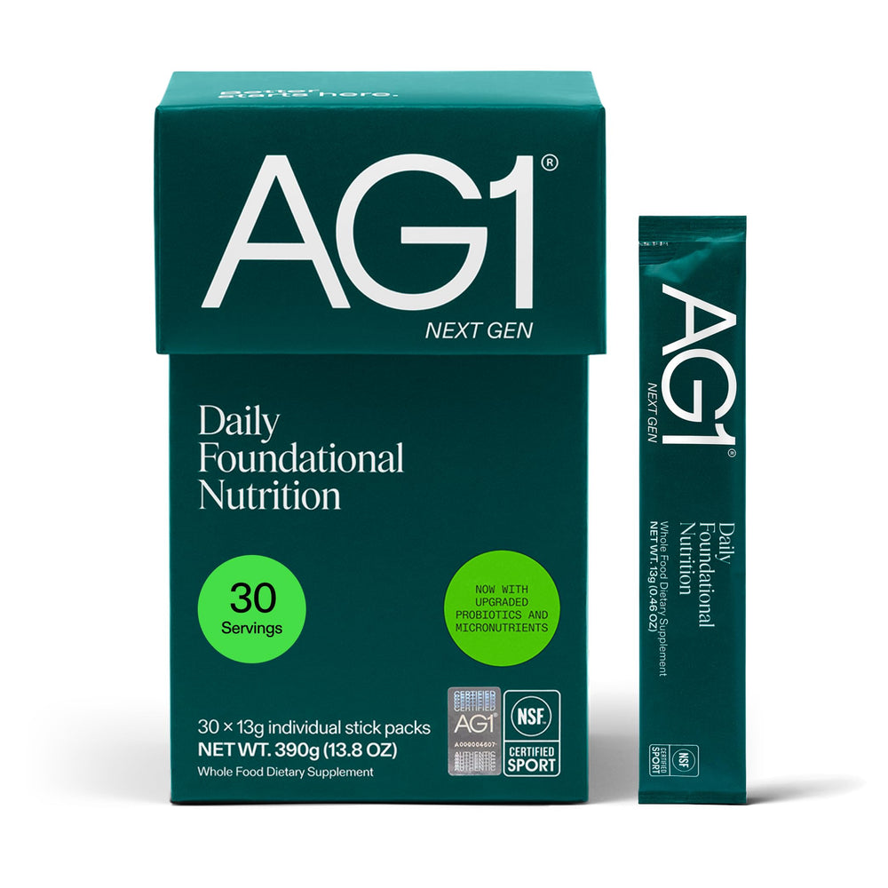 AG1 sobre frontal mostrando marca y presentación, beneficio conveniencia