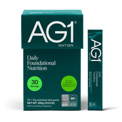 AG1 sobre frontal mostrando marca y presentación, beneficio conveniencia