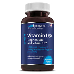 AgeImmune envase frontal mostrando D3 5000 UI, K2 y magnesio para confianza