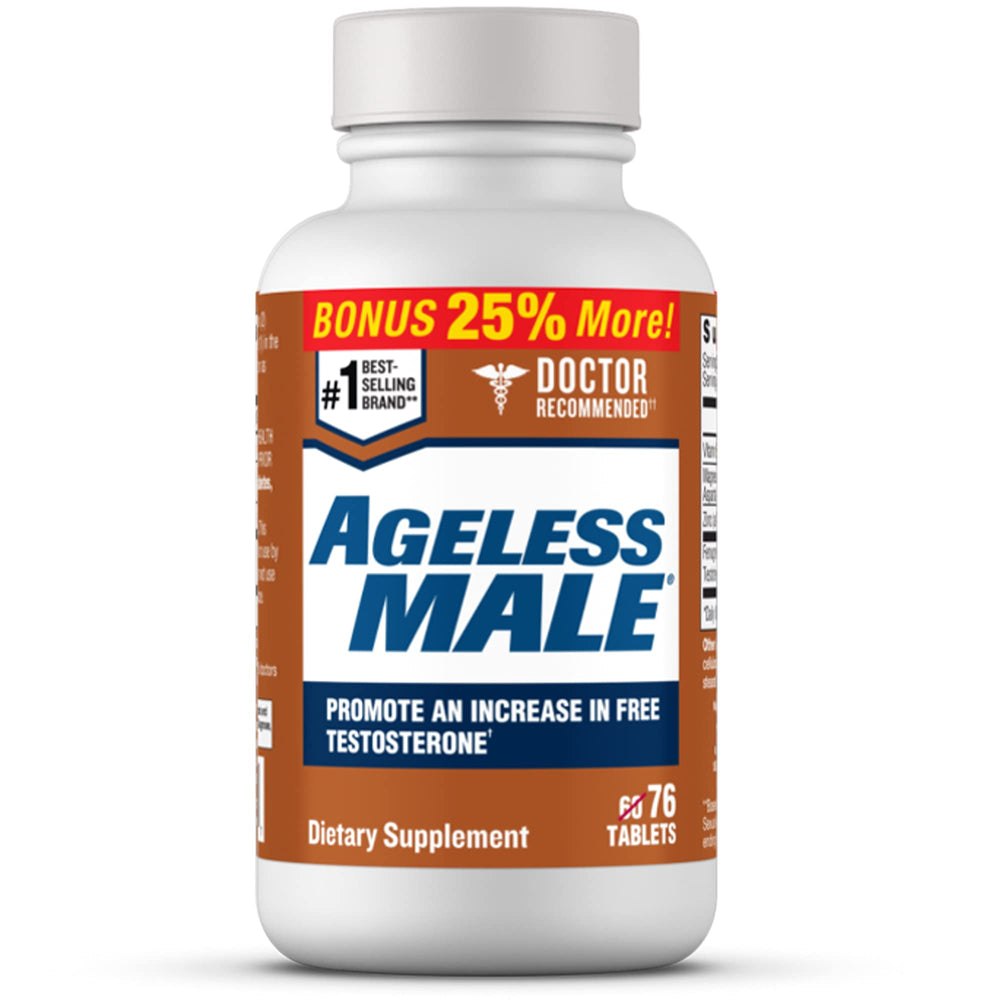 Ageless Male vista frontal del envase mostrando 76 tabletas y confianza