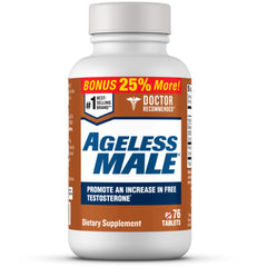 Ageless Male vista frontal del envase mostrando 76 tabletas y confianza