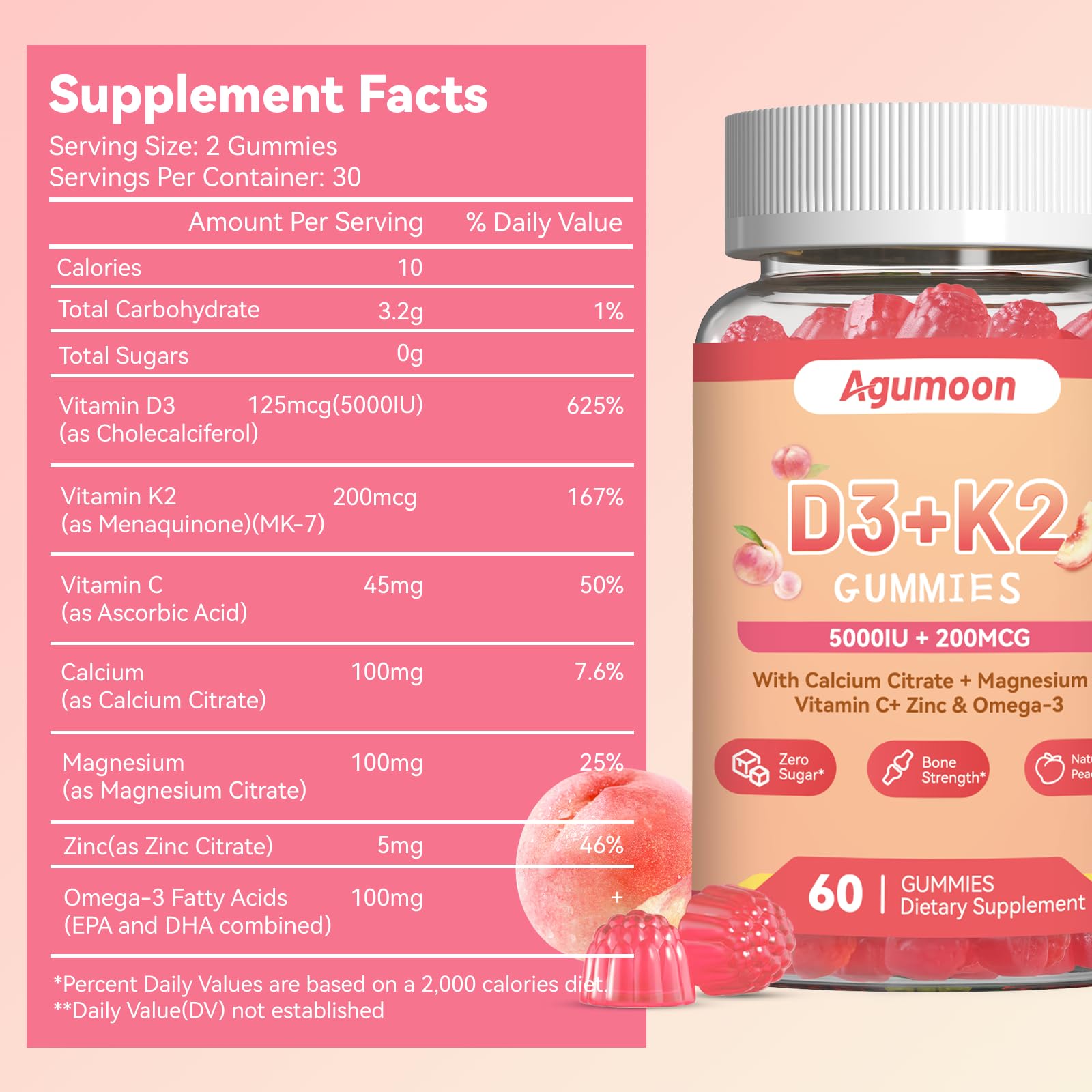 Gomita Agumoon D3 K2 en primer plano resaltando su sabor durazno y textura masticable