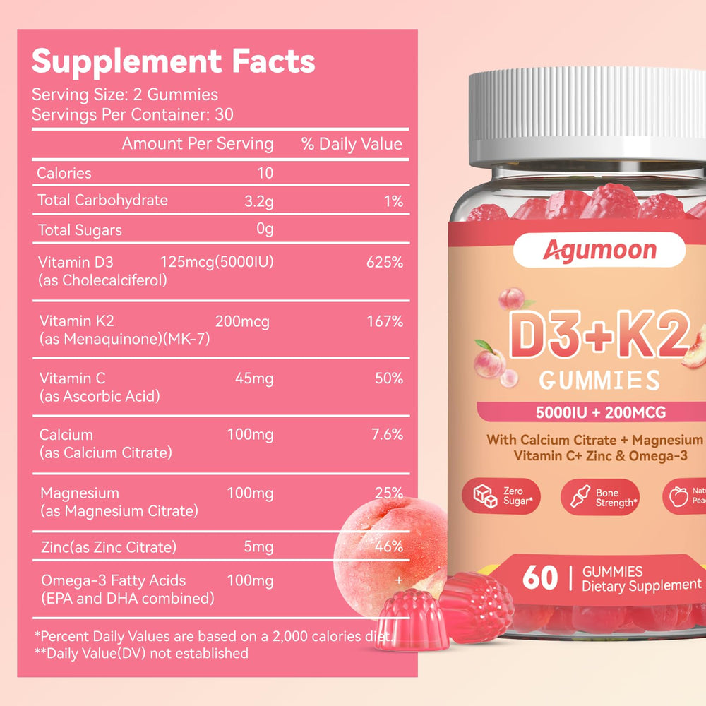 Gomita Agumoon D3 K2 en primer plano resaltando su sabor durazno y textura masticable