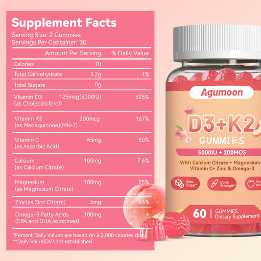 Gomita Agumoon D3 K2 en primer plano resaltando su sabor durazno y textura masticable