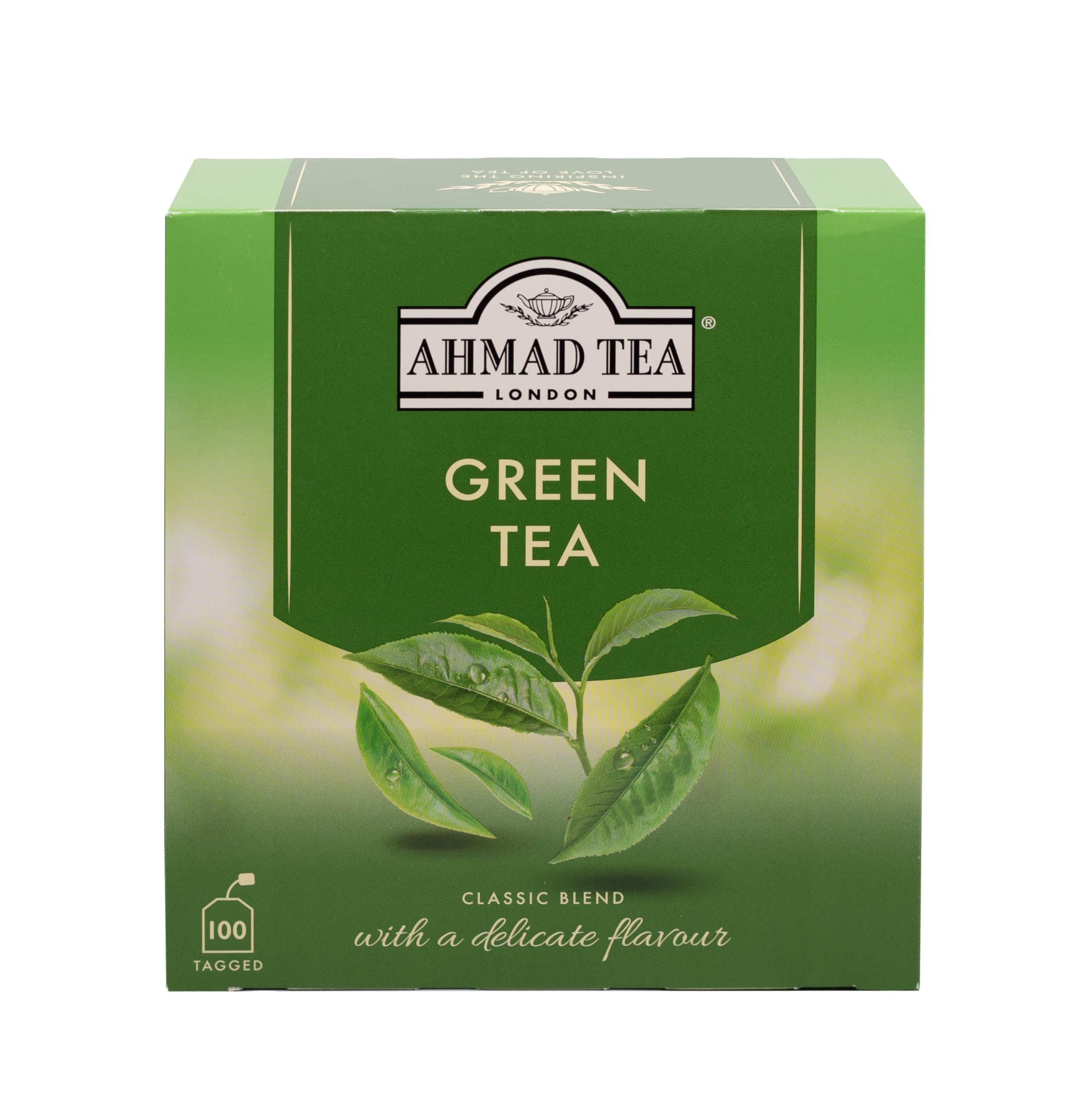 Ahmad Tea presentación frontal con caja de 100 bolsitas mostrando marca y beneficio conveniencia