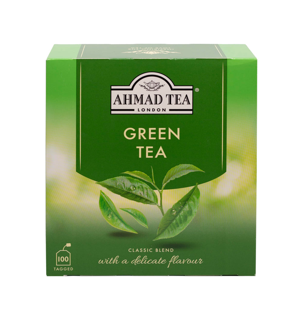 Ahmad Tea presentación frontal con caja de 100 bolsitas mostrando marca y beneficio conveniencia