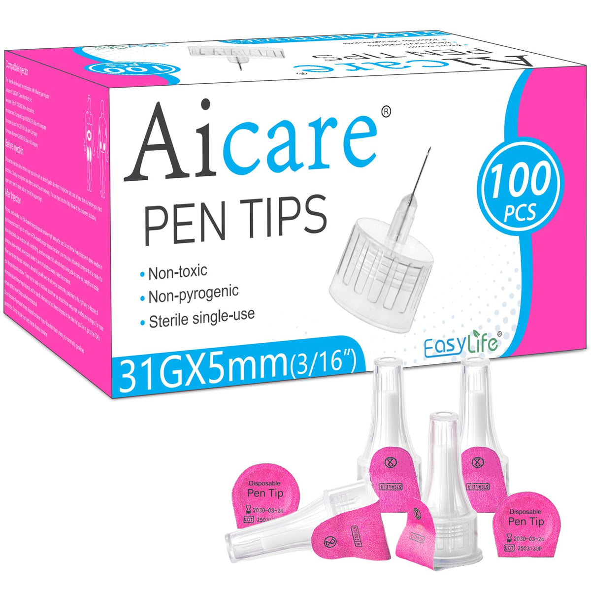 Aicare paquete frontal con 100 pen tips mostrando cantidad y diseño, ideal para ahorro
