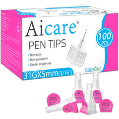 Aicare paquete frontal con 100 pen tips mostrando cantidad y diseño, ideal para ahorro