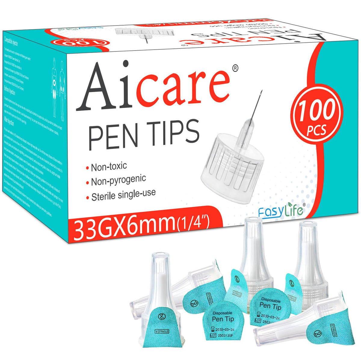 Aicare caja frontal mostrando 100 puntas; claridad y ahorro