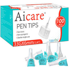 Aicare caja frontal mostrando 100 puntas; claridad y ahorro