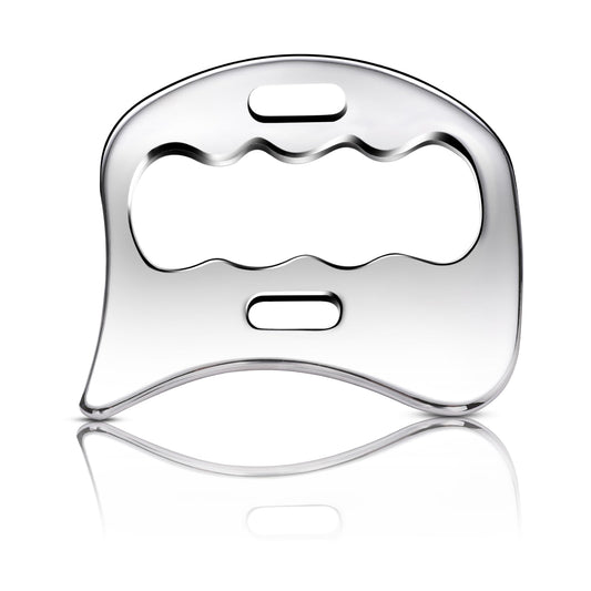AICNLY vista frontal del gua sha de acero, herramienta duradera para masaje