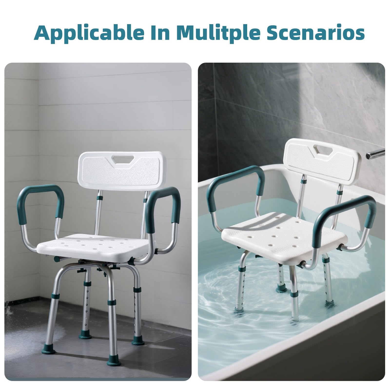 Aidwaygo persona usando la silla en una ducha demostrando seguridad y apoyo