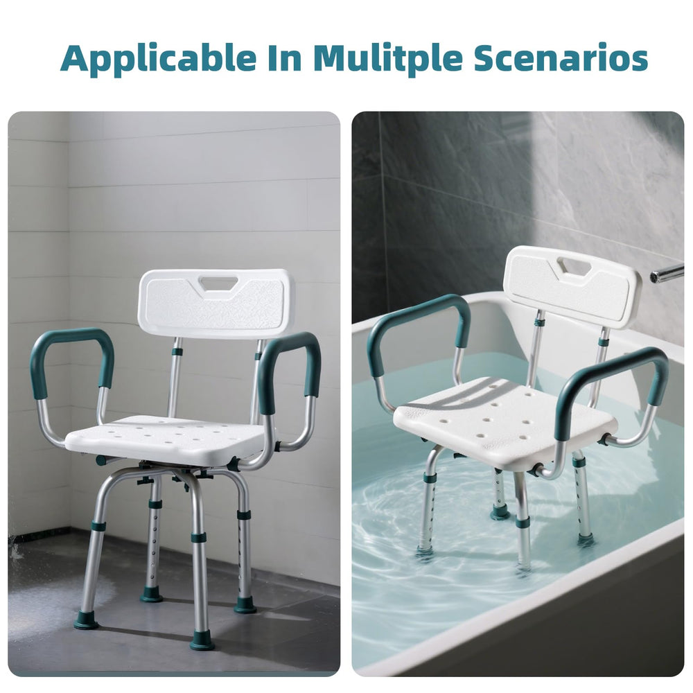 Aidwaygo persona usando la silla en una ducha demostrando seguridad y apoyo