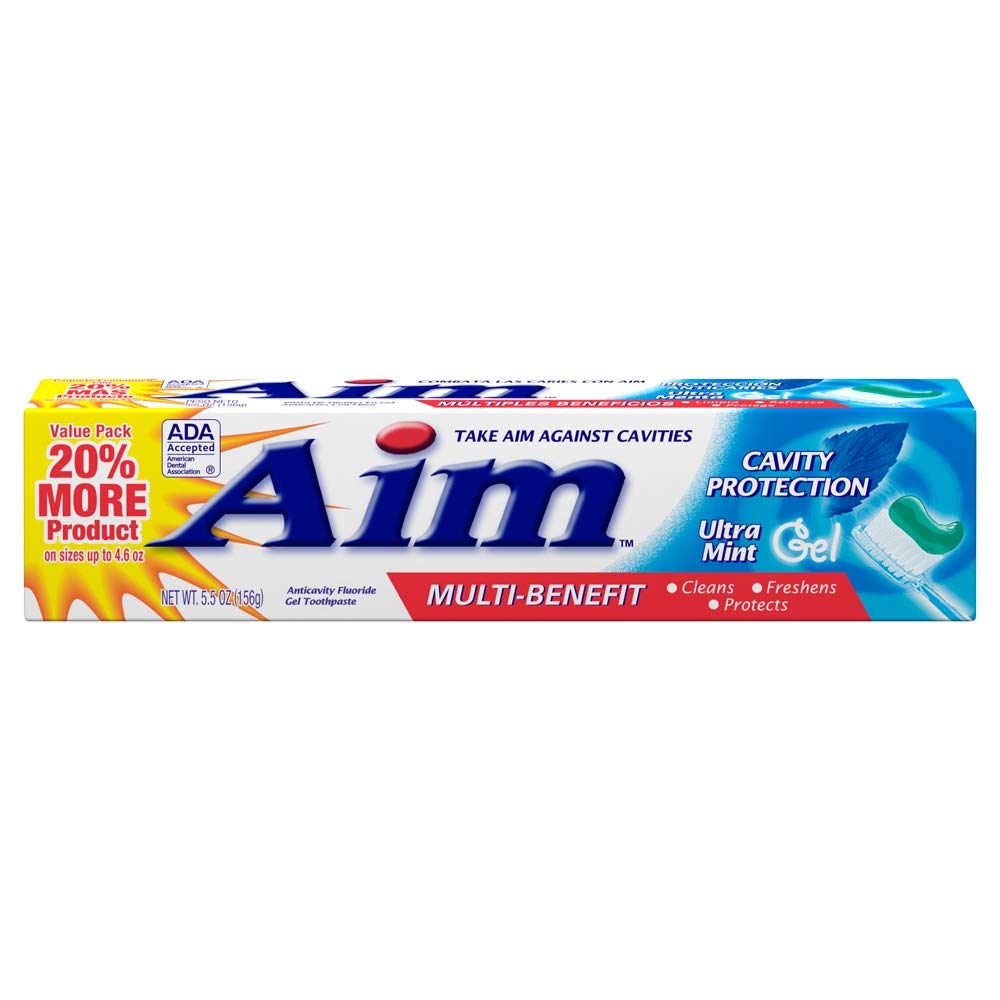 AIM empaque frontal Ultra Mint mostrando protección anticaries y ventajas