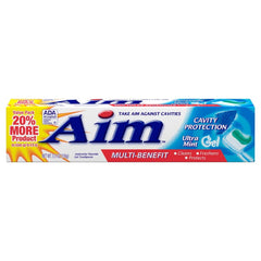 AIM empaque frontal Ultra Mint mostrando protección anticaries y ventajas