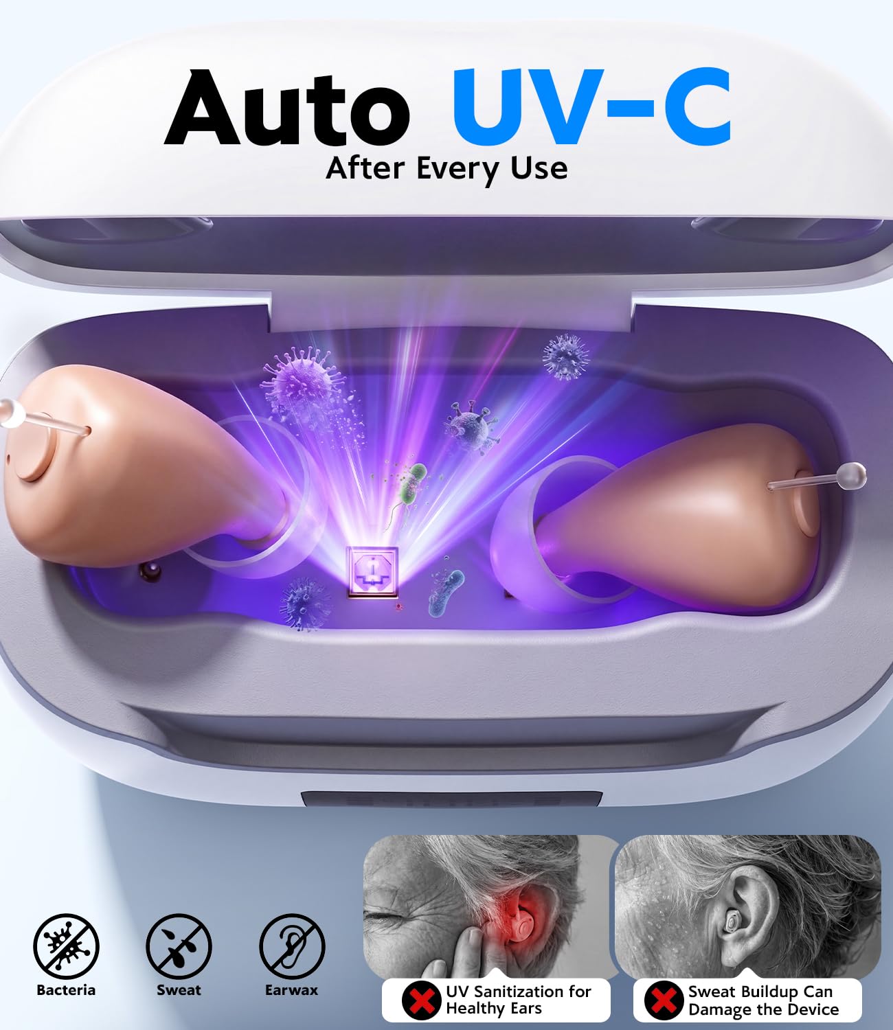 Aimsumy audífono colocado en oreja mejorando comprensión vocal