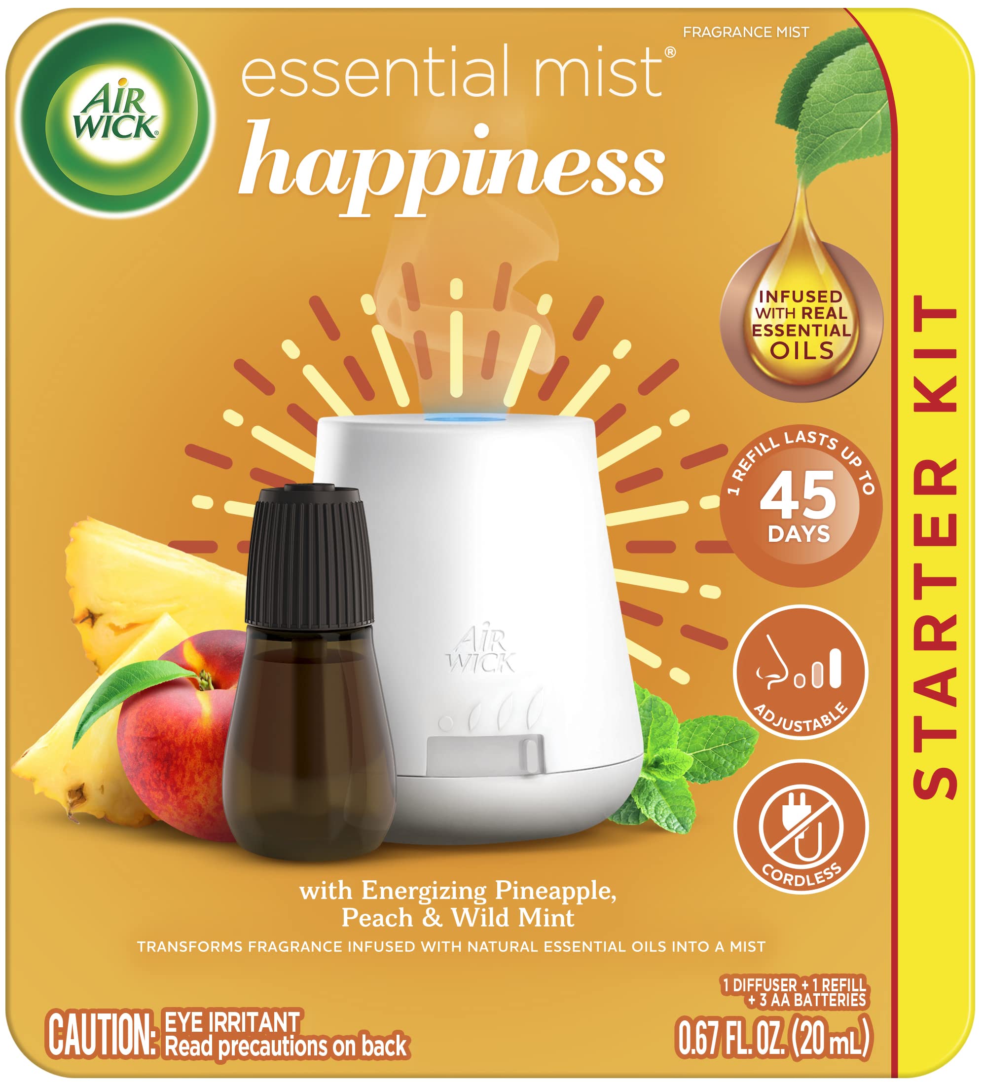 Air Wick difusor frontal mostrando diseño portátil y beneficio de uso versátil