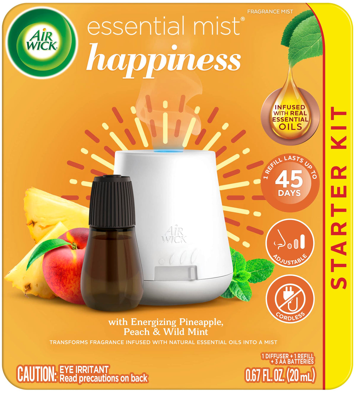 Air Wick difusor frontal mostrando diseño portátil y beneficio de uso versátil