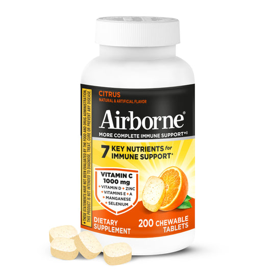 Airborne envase frontal 200 ct mostrando formato masticable y conveniencia