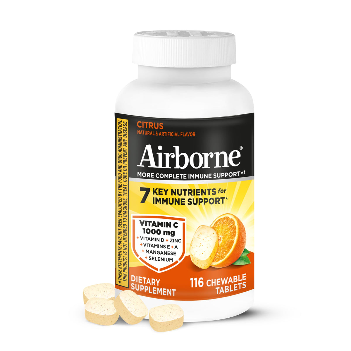 Airborne frasco frontal mostrando 116 tabletas y beneficio conveniencia