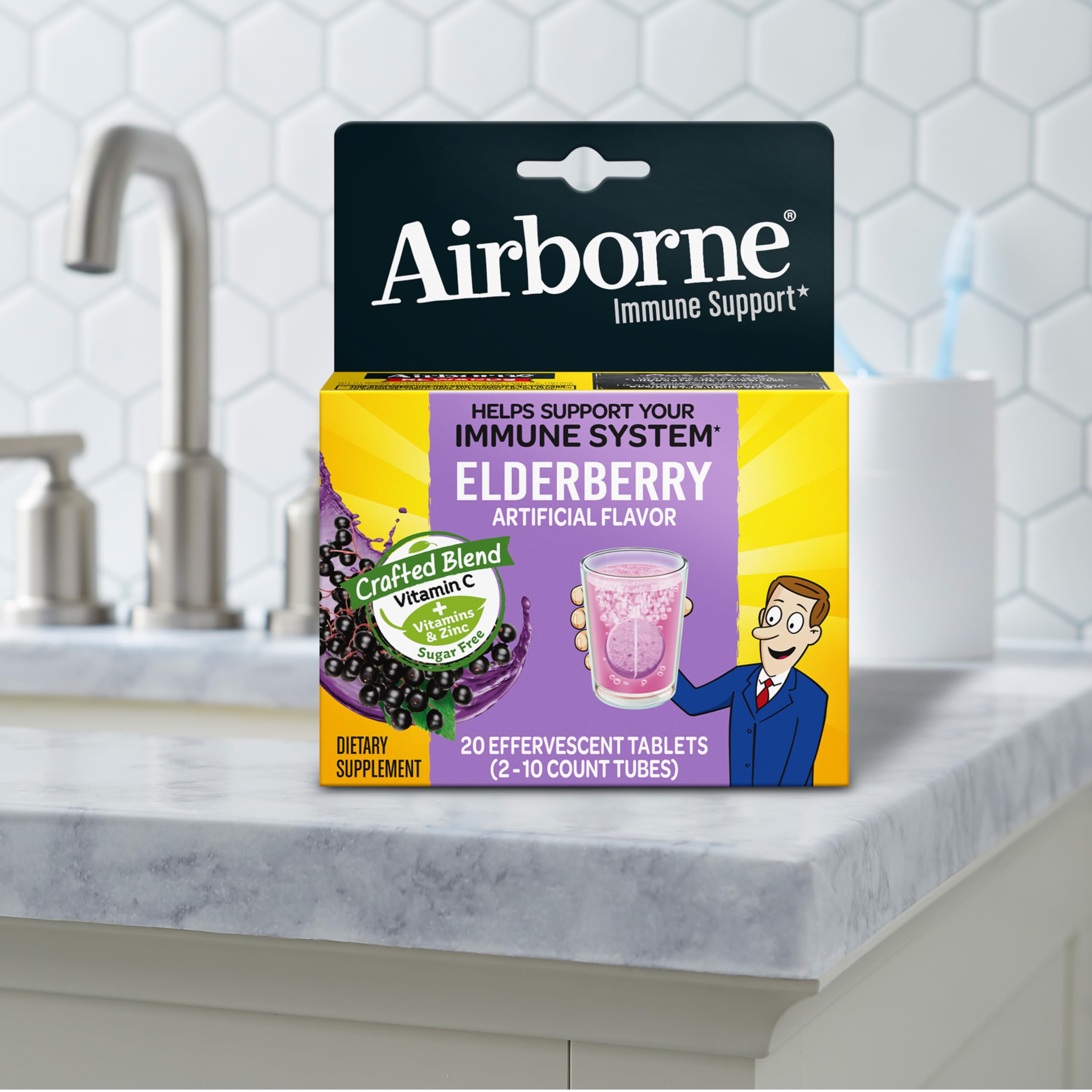 Airborne tableta disolviéndose en botella durante un viaje destacando conveniencia